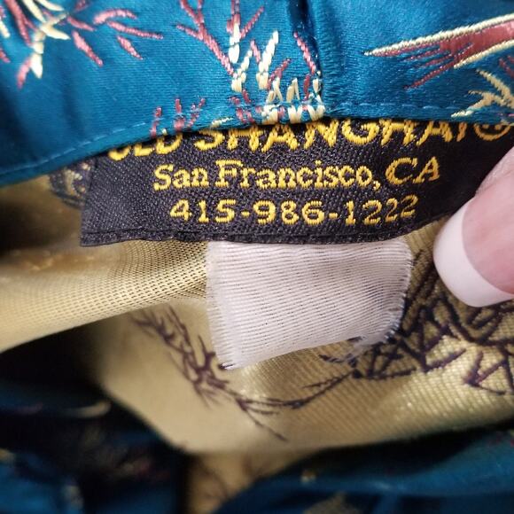 Old Shanghai VTG Asian Blue Gold Kimono Robe 3/4 Sleeves Pockets One Size - Picture 8 of 8